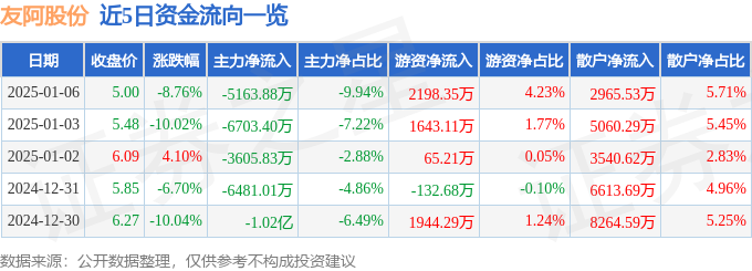 异动快报：友阿股份（002277）1月6日13点40分触及跌停板